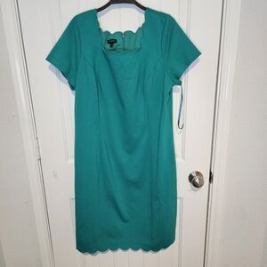 Talbots Scalloped Neckline & Hem Sheath Dress Teal Green Size 16